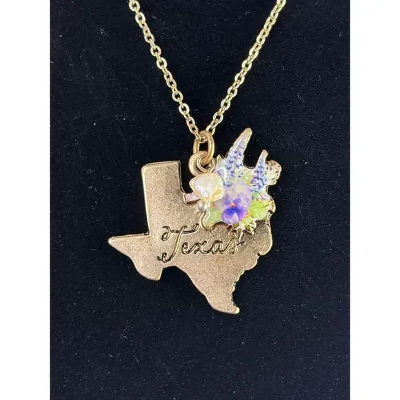 Texas State Shape Necklace and Earrings Matching Set w Blue Bonnets Gold Tone - Picture 4 of 9